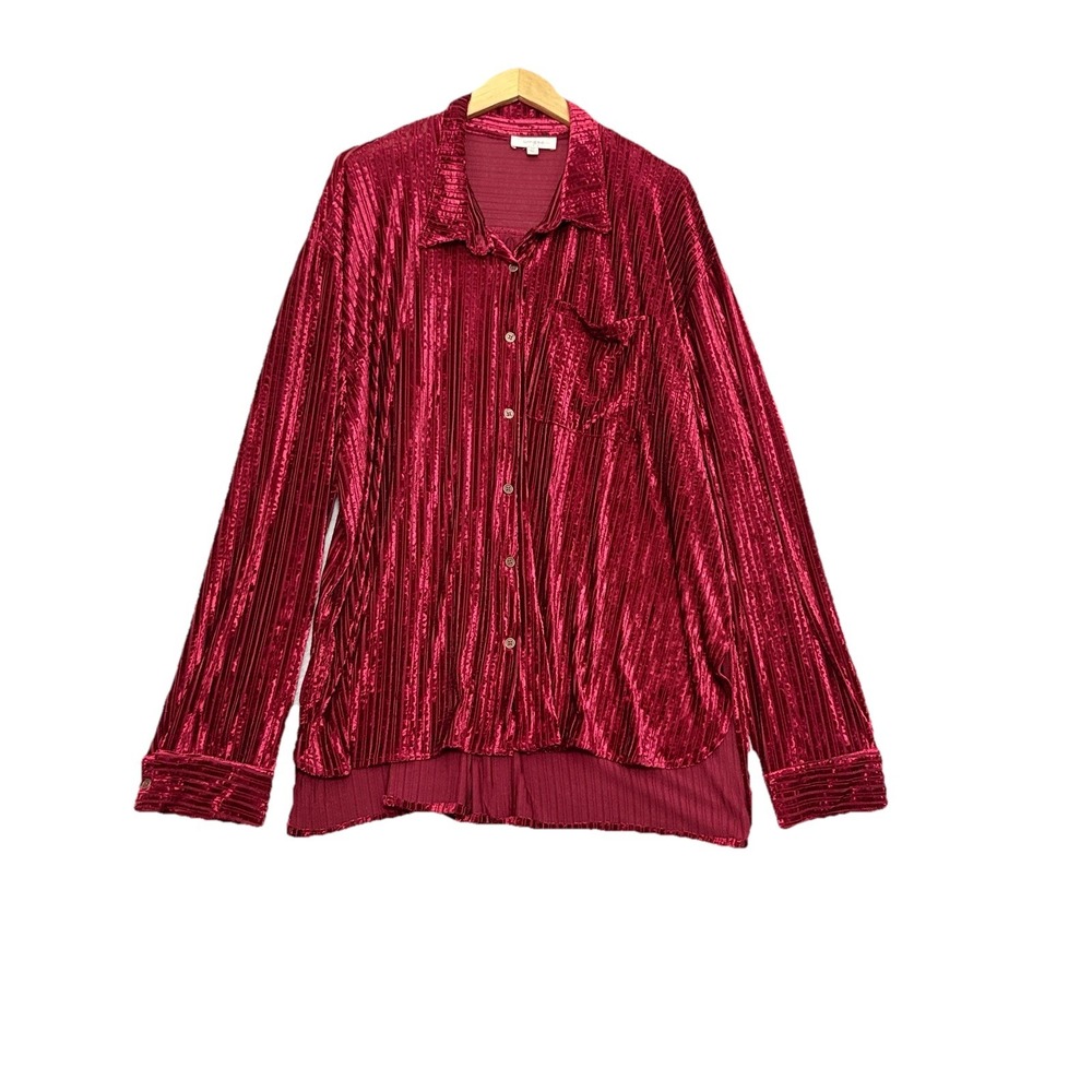 Umgee Womens Velvet Burnout Grunge Whimsigoth Button Top Size 2X Red Vamp Stripe